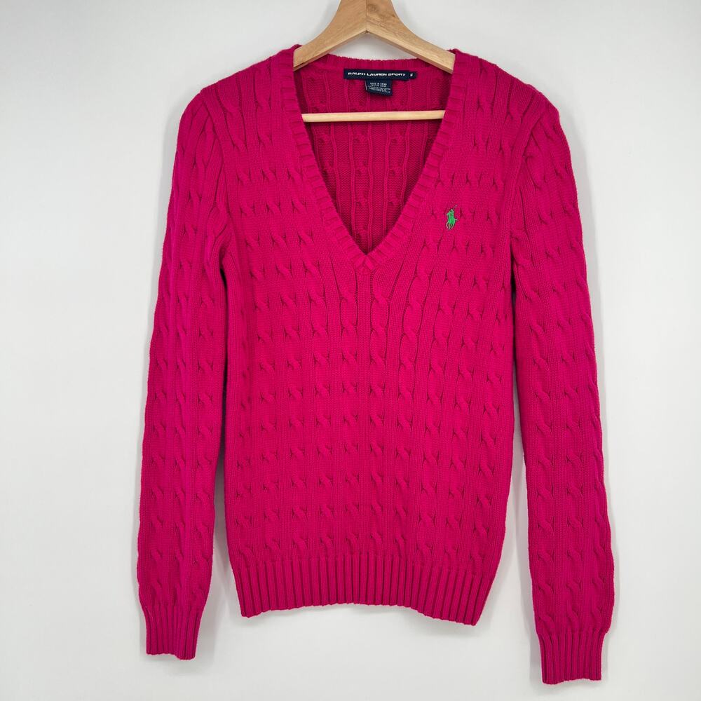 Ralph Lauren Sport Cable Knit Sweater Women Medium Pink Green Pony V Neck Cotton